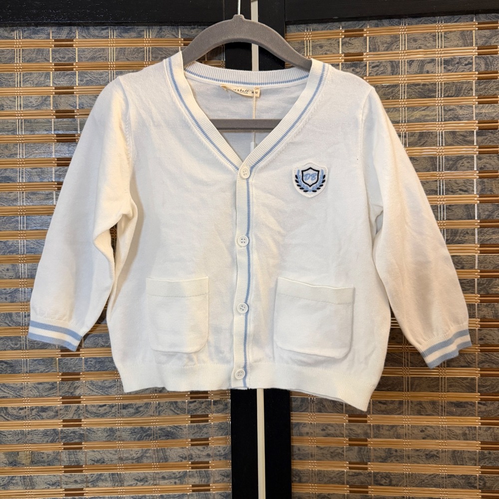 Dave‎ & Bella Cardigan Kids Size 90 White Blue Preppy Crest Knit Sweater